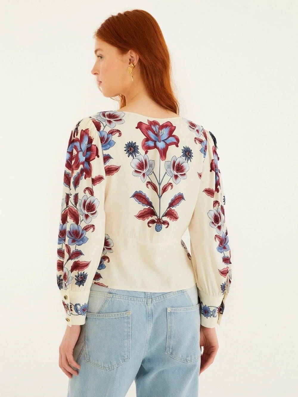 Floral V-Neck Button-Front Blouse - Cream with Blue & Red Bloom